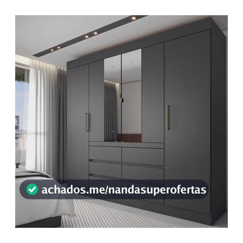 Guarda-roupa Casal Honey 4 Portas 6 Gavetas Com Espelho Preto/Amêndola