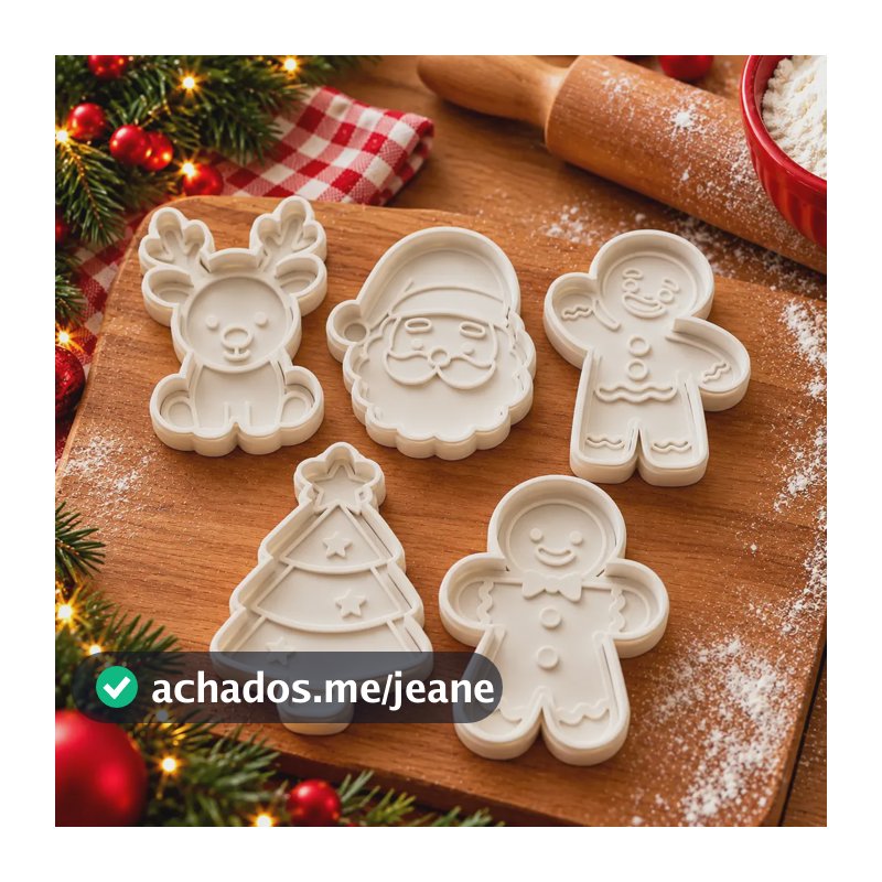 Kit 5 Cortadores Biscoito Marcador Cookie Natal Papai Noel Kit Com 5