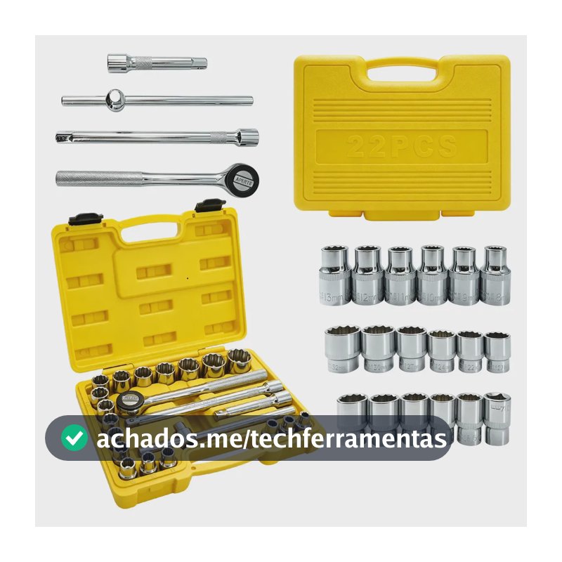 Jogo de Soquete 1/2 Pol Catraca Reversível 22 Peças 8-32mm, Soquete Sextavado, Kit Ferramentas Profissional para Mecânica