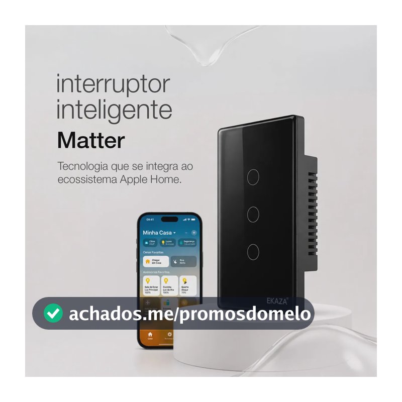 Interruptor Inteligente Matter Compativel Com iPhone Siri Wi-fi 2.4 Ghz Alexa Google Tuya 3 Botões 4x2 Bivolt Preto Ekaza