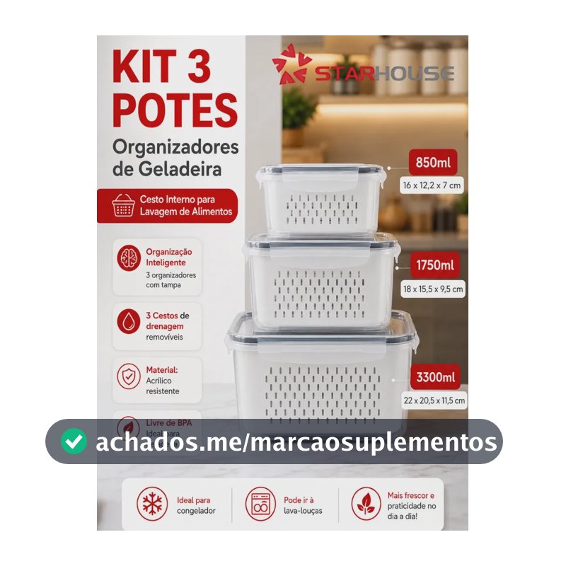 Kit 3 Organizadores Geladeira Alimentos Legumes Verduras Frutas Transparente Com Tampa Trava Hermético Escorredor - Starhouse