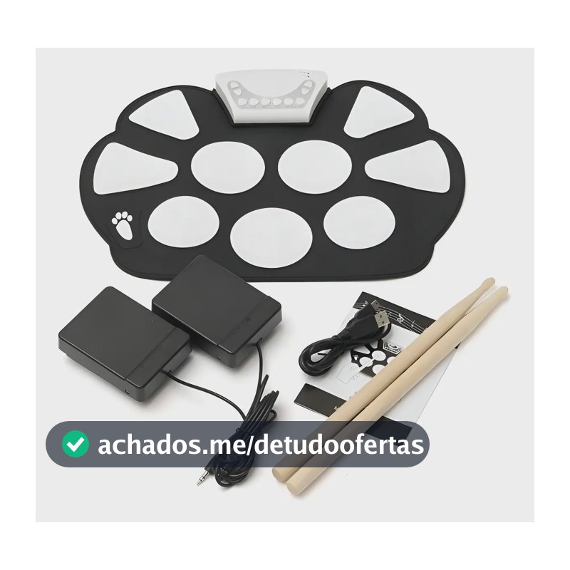 Bateria Eletrônica Musical Drum Dobrável Silicone 2 Pedais Cor Preto