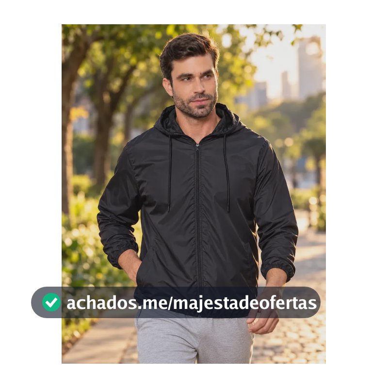 Jaqueta Corta Vento Masculina Impermeável Capuz Zíper Bolso Preto G Liso
