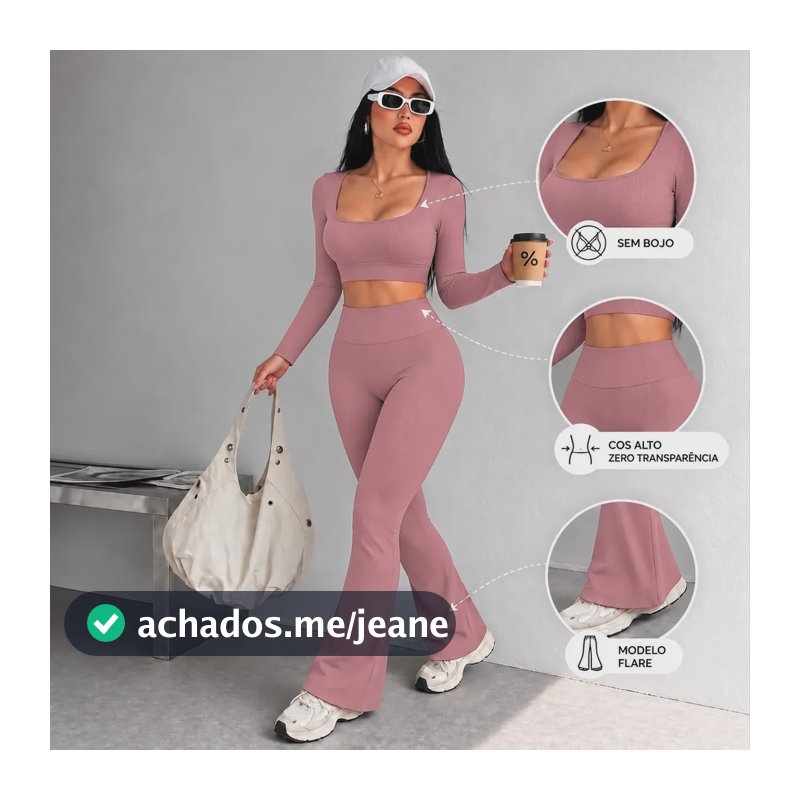Conjunto Fitness Feminino Top Manga Longa E Legging Flare Rosa Lisa M