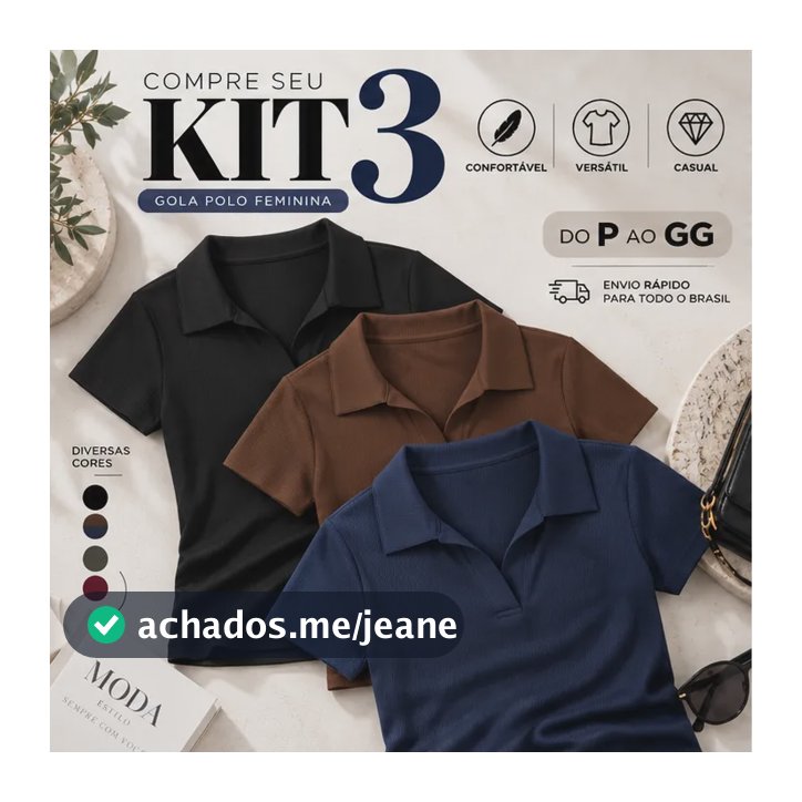 Kit 3 Blusa Feminina Gola Polo Canelada Básica Casual Lisa Preto, Marrom E Azul Liso G/gg (44/48)