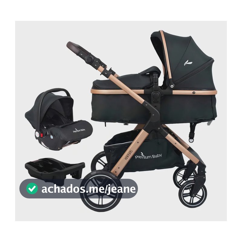 Carrinho de Bebê Kansas 3 em 1 Gold Premium Baby Travel System com Bebê Conforto Base para Carro Função Moisés Assento Reversível e Adaptadores