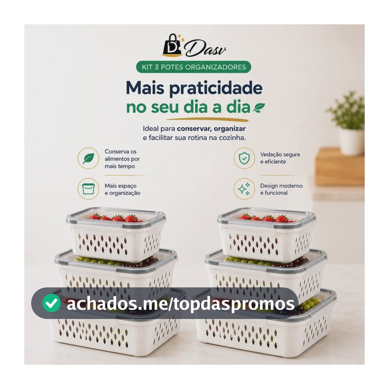 Conjunto Kit 6 Organizadores Geladeira Transparente Hermético Escorredor Cesto Frutas Alimentos Verduras Legumes Dasv