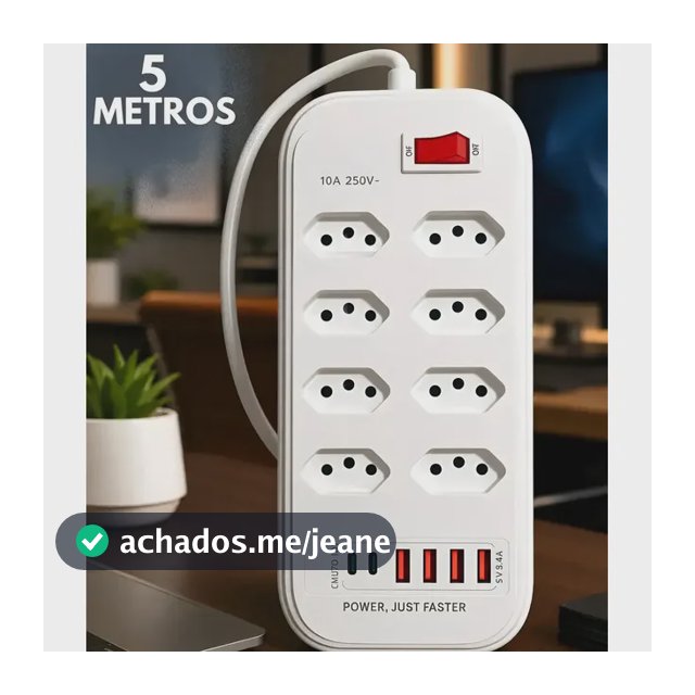 Extensão Régua Filtro De Linha Cabo De 5 Metros Com Protetor Energia Elétrica Com 8 Tomadas 10a E 2.500w, Com 4 Usb E 2 Tipo-c Bivolt - Black Raipe Branco