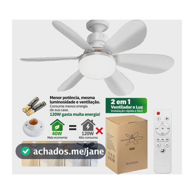 52cm Ventilador De Teto Led Com Luz, Soquete Grátis Incluso 52 Cm 50hz/60hz Branco 85v-250v Plástico 6