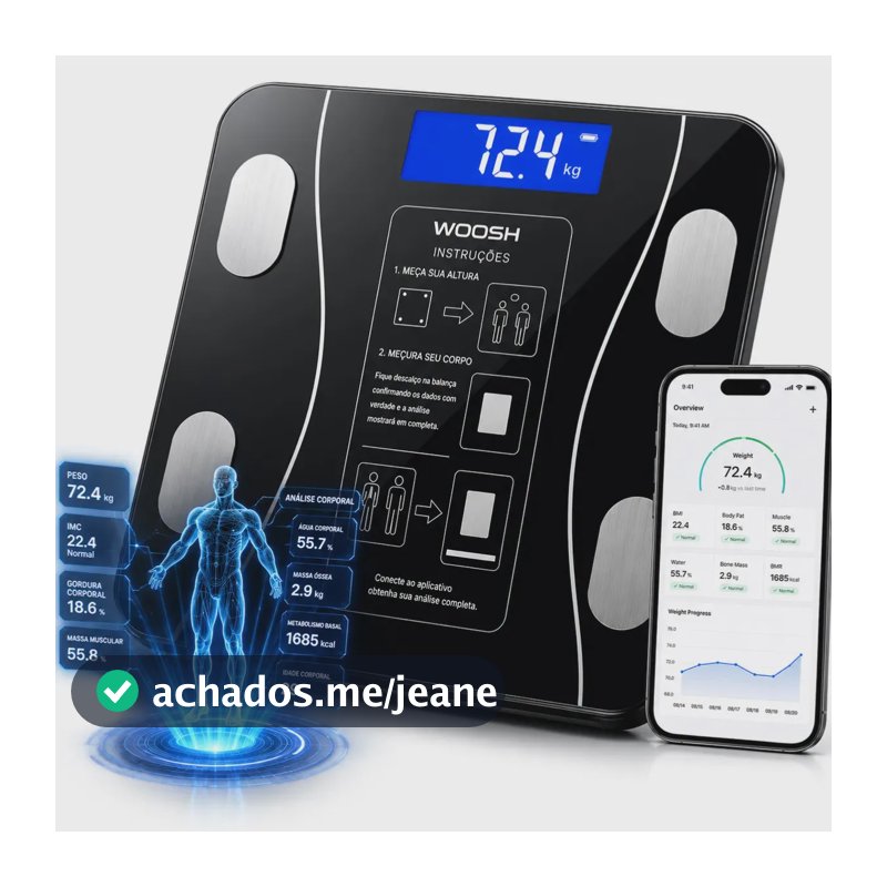 Balança de Bioimpedância Digital Woosh Smart IMC para Academia e Banheiro com Bluetooth e App, até 190 kg