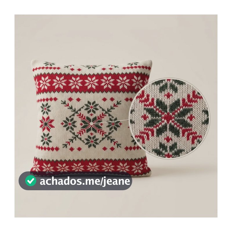 Capa Almofada Natalina Tricô Floco De Neve Decorativa Natal Bege/vermelho/verde Flocos