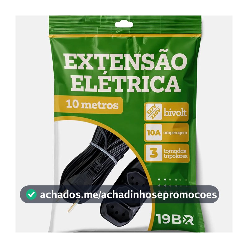 Extensão Elétrica 10 Metros com 3 Tomadas Bivolt Preta Parosflux