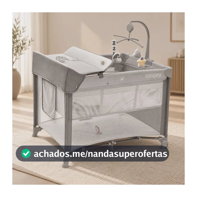 Berço Portátil Cinza Dobrável Antirrefluxo com Trocador e Mosquiteiro