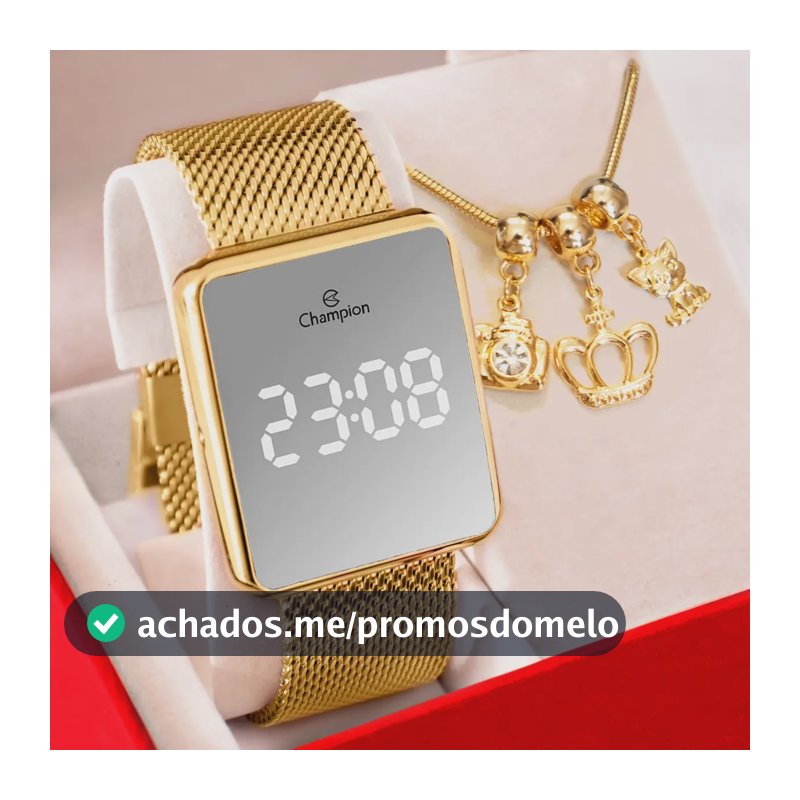Relógio Champion Feminino Digital Espelhado Dourado Berloque Dourado