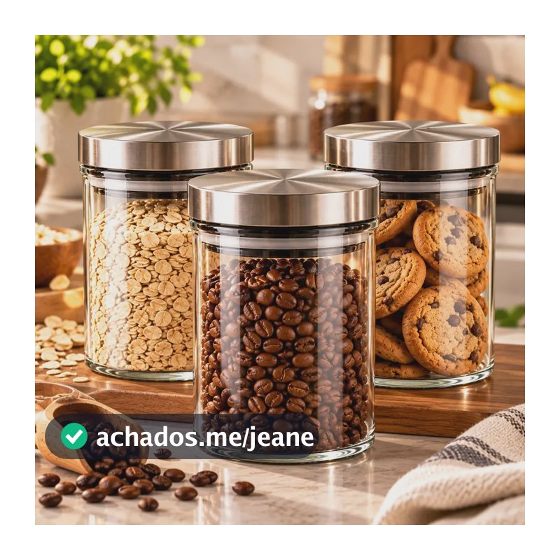 Kit 3 Potes Herméticos de Vidro 700ml com Tampa de Inox para Organizar Cozinha