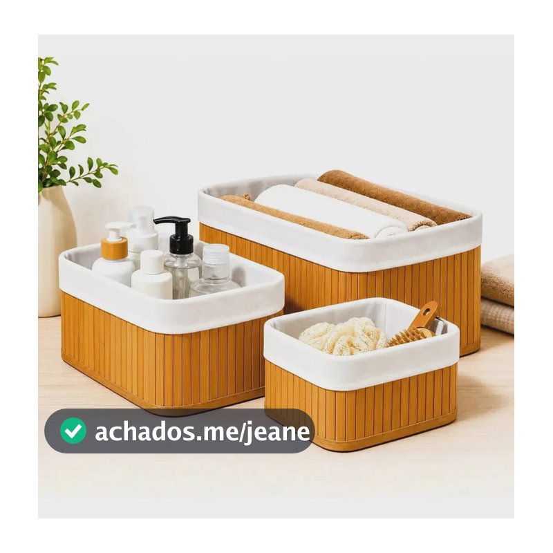 Kit 3 Cestos Domésticos Organizadores De Bambu Multiuso Bege