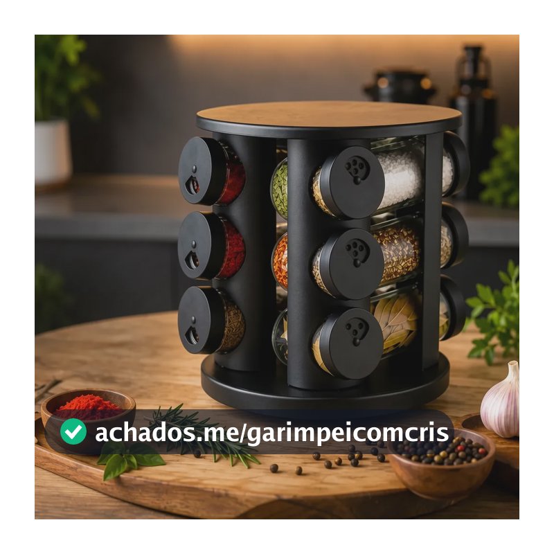 Porta Condimentos Tempero Giratório 360 Preto 12 Potes Vidro Preto