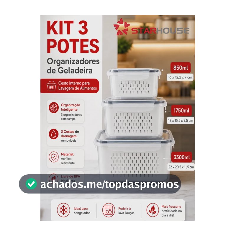 Kit 3 Organizadores Geladeira Alimentos Legumes Verduras Frutas Transparente Com Tampa Trava Hermético Escorredor - Starhouse
