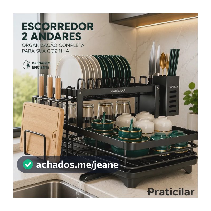 Escorredor De Louça Secador De Pratos Cozinha Aço Inox Preto 2 Andar Porta Talher Tigela E Copos Praticilar