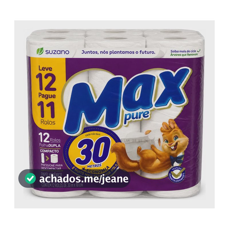 Papel Higiênico Max Pure Folha Dupla 30m 12 Rolos Econômico