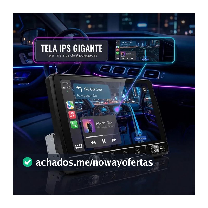 Central Multimídia 1 Din 9 Pol Android Auto Apple CarPlay Bluetooth USB Espelhamento Smartphone Som Automotivo Universal
