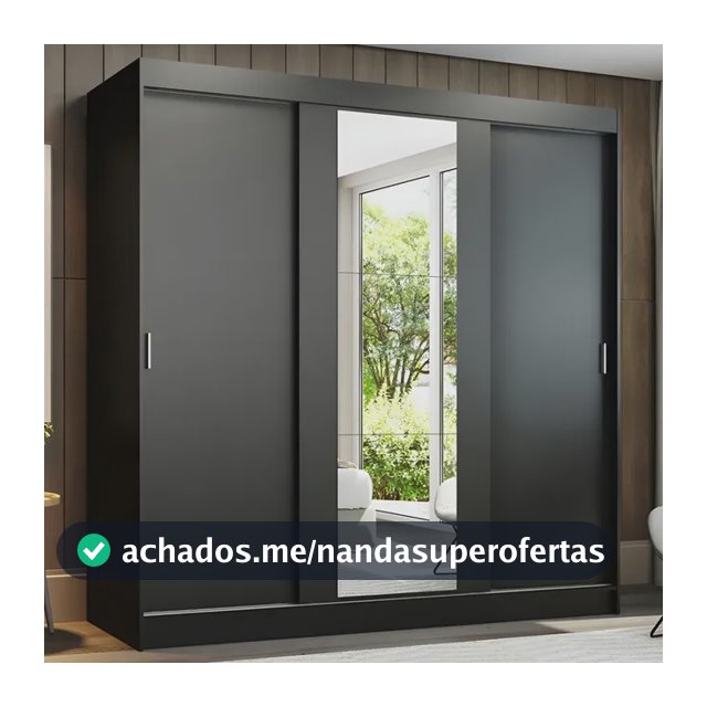 Guarda-roupa Casal Armário Quarto Madesa Reno 3 Portas Correr Espelho Preto 1095H91E