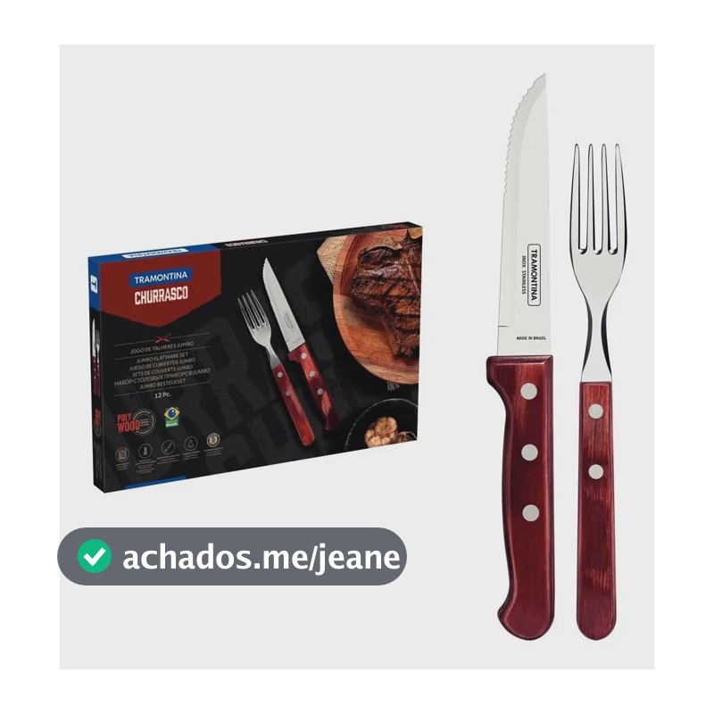 Jogo de Talheres Jumbo Churrasco com Lâminas em Aço Inox e Cabos de Madeira Polywood Vermelho 12 Peças Tramontina