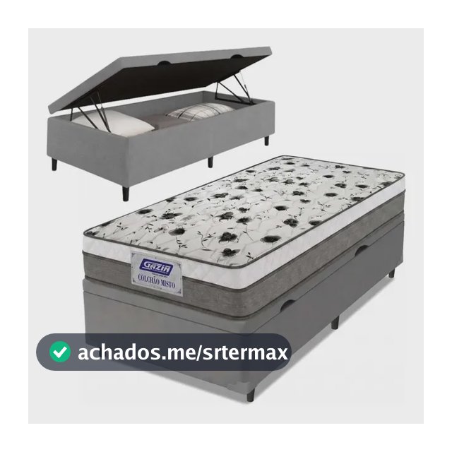 Cama Box Baú Solteiro Colchão Espuma D33 Fort 88x188x62cm Cinza e Branco Gazin