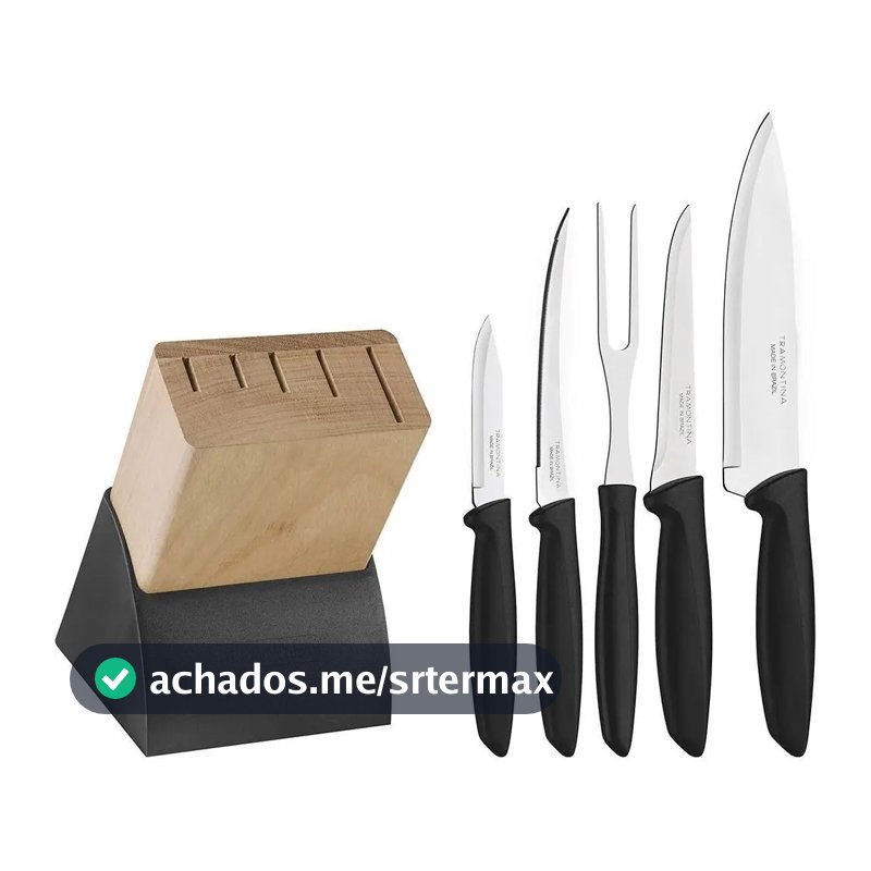 Jogo De Facas Inox Plenus Com Suporte De Madeira Tramontina Cor Preto