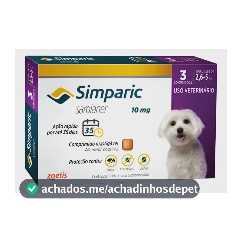 Simparic Antipulgas E Carrapatos 10mg 2,6 A 5kg - 3 Comp. Sem Cor