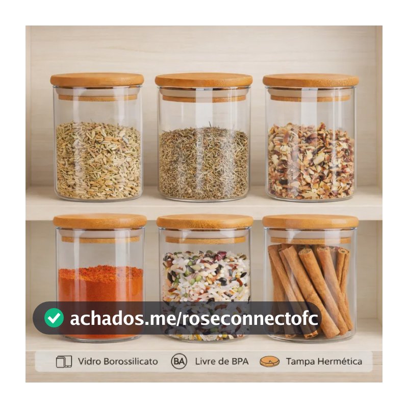 Kit 6 Potes De Vidro Herméticos Com Tampa De Bambu De 200ml Para Mantimentos Alimentos Grãos Café Massas Cereais Cozinha Com Vedação Hermética Vidro Borossilicato Livre Bpa Transparente