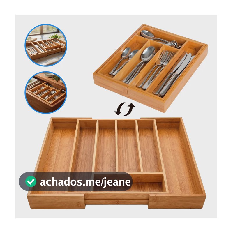 Organizador de Talheres de Bambu Madeira Extensível para Gaveta, com 7 Compartimentos Ajustáveis