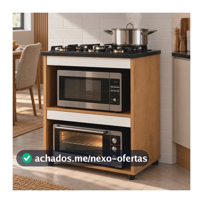 Balcão Cooktop 5 Bocas Blue Moby Nature/Off White Nichos Moderno Gabinete Multifuncional Compacto Cozinha Armario Microondas