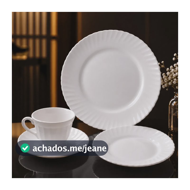 Aparelho De Jantar + Jogo Chá 16 Peças Completo Vidro Branco Branco Lisa