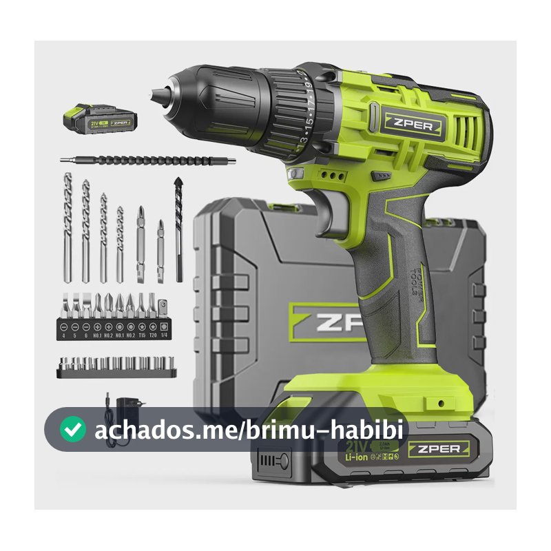 Furadeira Parafusadeira ZPER 21V Sem Fio 35Nm 2 Baterias 2000mAh com Impacto