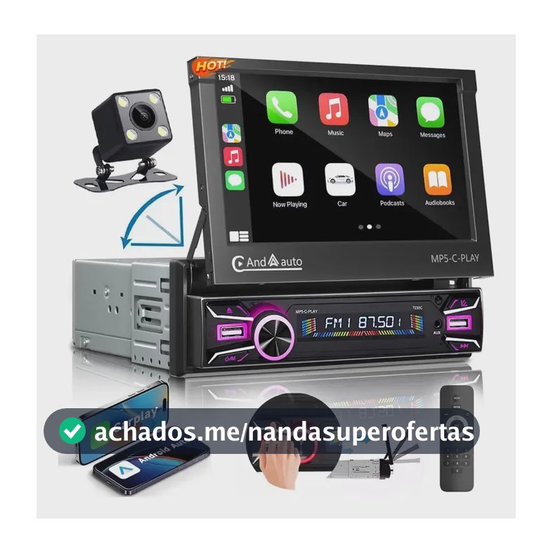 Central Multimídia Retrátil 7in Bt Mp5 1din Espelha Carplay Preto