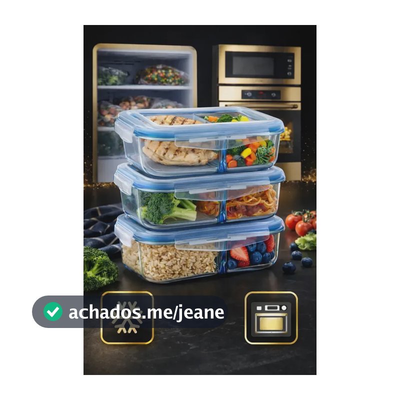 Kit 3 Potes Marmita Vidro Hermético 1040ml C/ Divisória Free Freezer Microondas Forno
