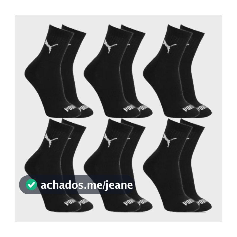 Kit 6 Pares Meias Puma Cano Médio Alto Atoalhada Original 6 Pretas Logo M - 34 A 39