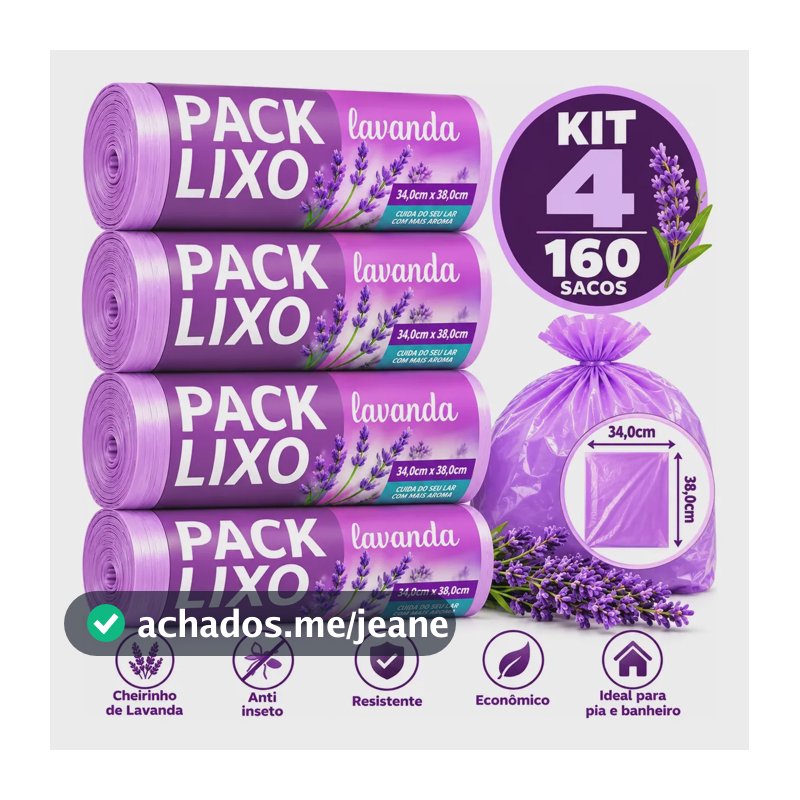 Kit 4 Rolos Saco Lixo Perfumado Lavanda Pia Banheiro 160un