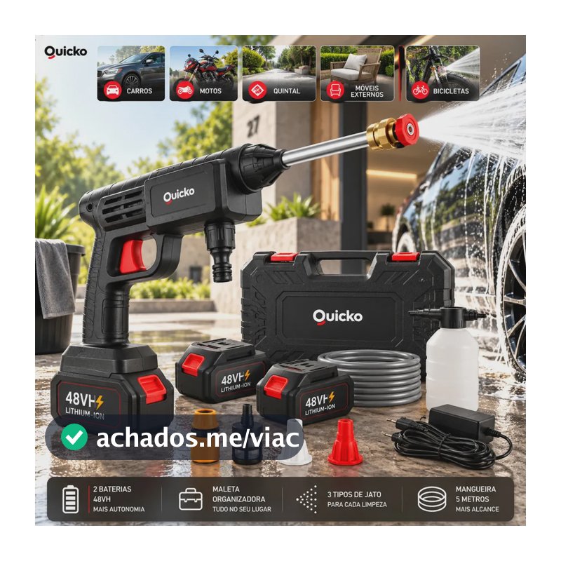 Lavadora De Alta Pressão Vap Portátil Sem Fio Bateria Lava Jato Elétrica Recarregável P/ Lavar Carro Moto Quintal C/ 2 Baterias Quicko Bico Mangueira Dispenser De Sabão Lavadora Alta Pressao Portátil