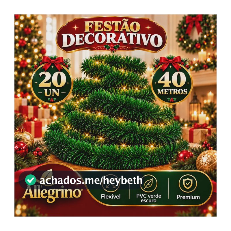Kit 20 Festão Natalino Verde Allegrino 2 Metros Cada 40 Metros Total Para Decoração Arvore Natal