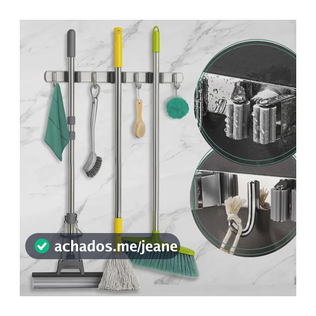 Suporte Inox Pendurar Vassoura Pá Rodo Mop Organizador 7 Acessórios Parede Porta Organização Guardar Área De Serviço Cozinha Garagem Aço Inoxidável Armazenar Interno Externo Hiper Casa Megastore