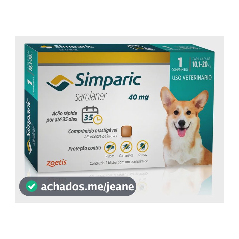 Simparic 1 Comp 40mg Pílula Antiparasitária Contra Pulgas