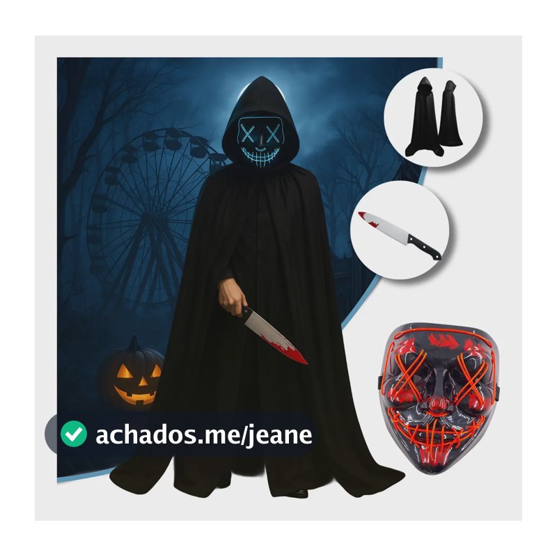 Kit Fantasia Completa Halloween Festa Fantasia Terror Cosplay Máscara Led Neon Capa Cetim Vampiro Drácula Faca Realista - The Purge Uma Noite De Crime