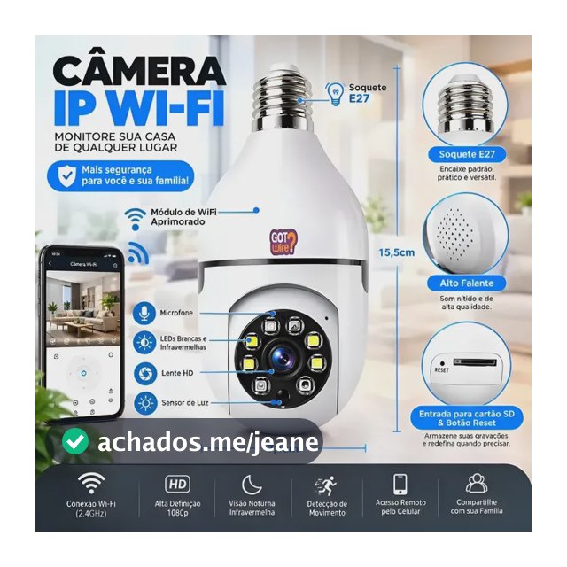 Câmera Lâmpada de Segurança Wifi 360º Infravermelho GotWire IP44 Full Hd 1080p Interna Externa Com Sensor de Movimento Inteligente