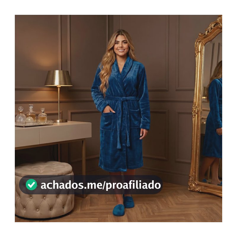 Roupão Adulto Microfibra Plush Macio Com Bolso Cinta Unissex Azul-marinho P/g