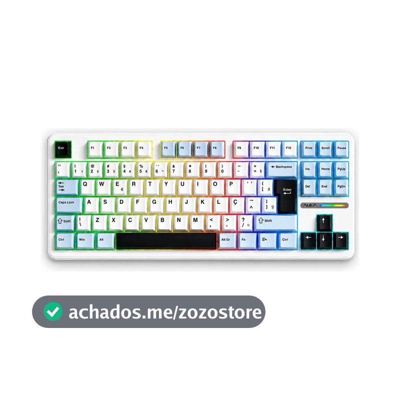 Teclado Mecânico Aula F87 Branco RGB Sem Fio Tri Mode Bluetooth 2.4GHz USB-C