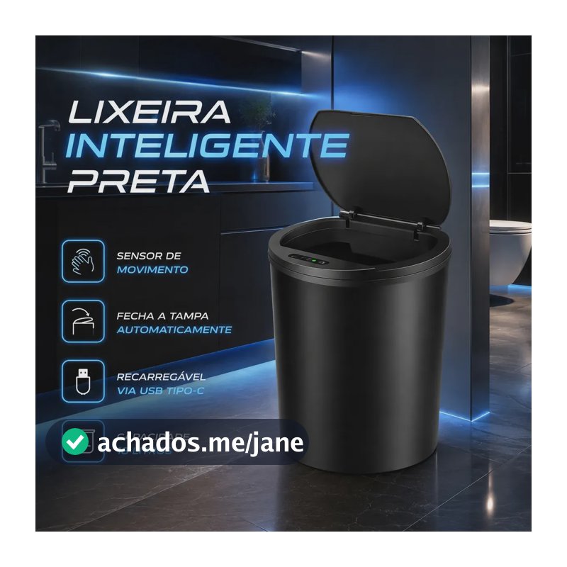 Lixeira Inteligente Automática Preta Universal Com Sensor Recarregável EarMan company Anti Odor 16L Recarregável USB Abre Sozinha