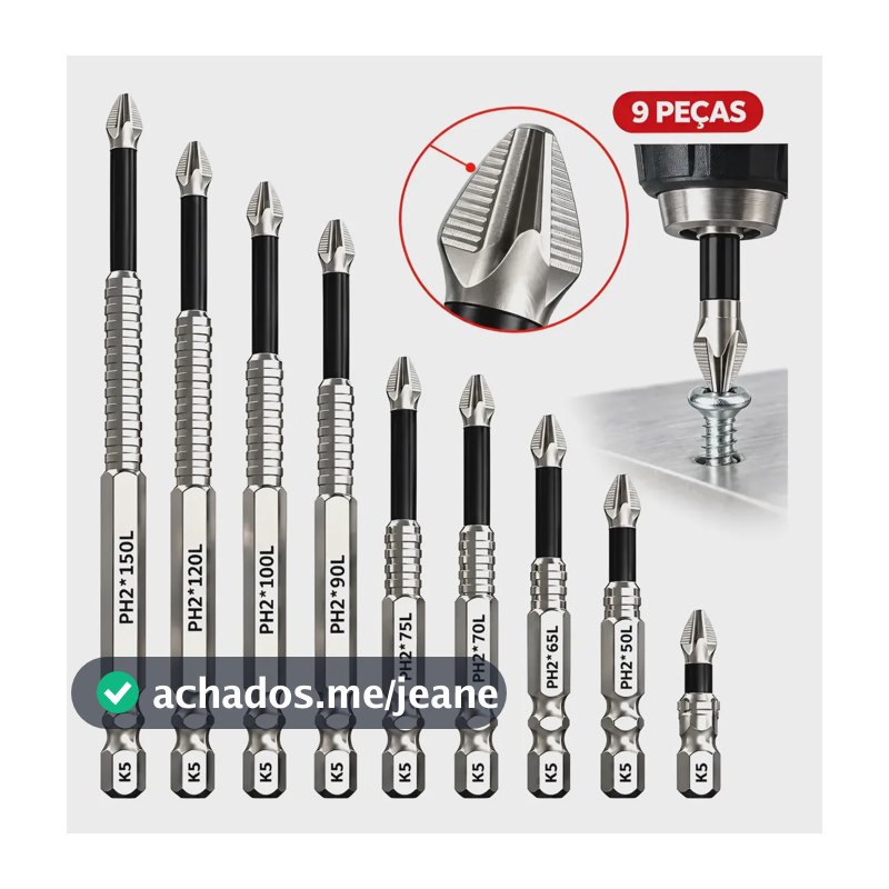 Kit 9 Bits Philips Ph2 Antiderrapante Para Parafusadeira