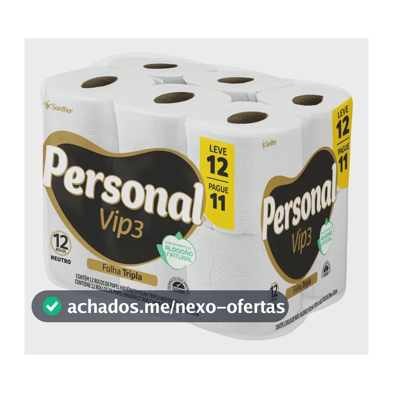 Pacote Papel Higiênico Vip3 Folha Tripla 12 Rolos Personal